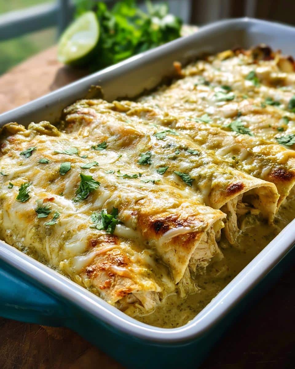 Close-up of Creamy Green Chile Chicken Enchiladas baked in a blue dish, topped with melted cheese and cilantro.