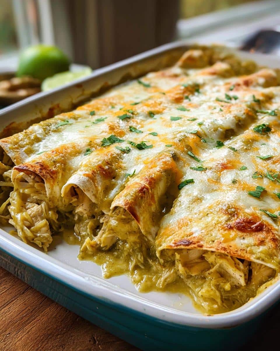 Close-up of baked Creamy Green Chile Chicken Enchiladas covered in melted cheese and cilantro.