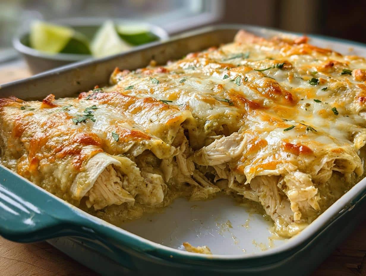 A close-up of baked Creamy Green Chile Chicken Enchiladas covered in melted, browned cheese, with shredded chicken visible where a serving has been removed.