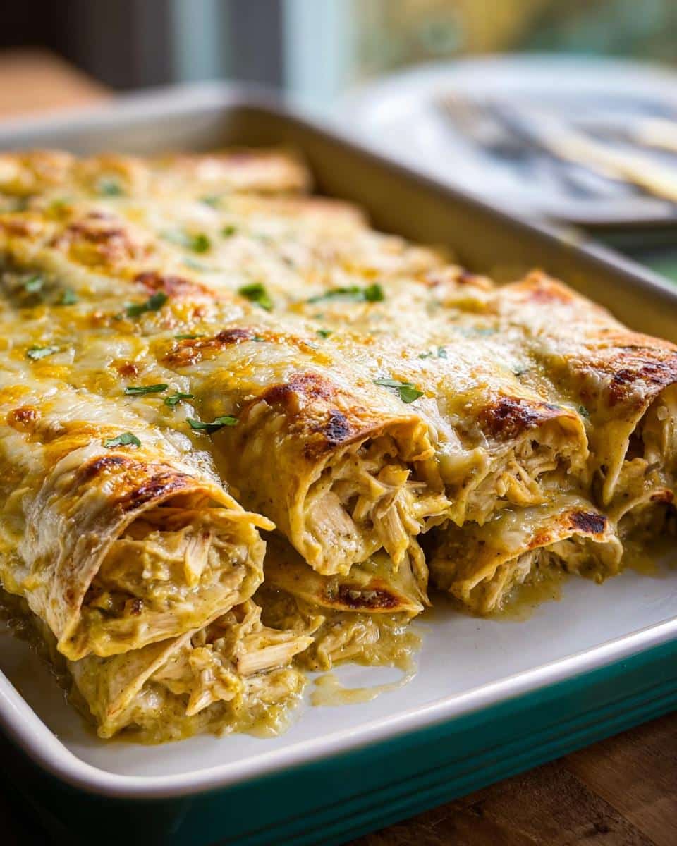 A close-up view of baked Creamy Green Chile Chicken Enchiladas topped with melted, bubbly cheese and cilantro.