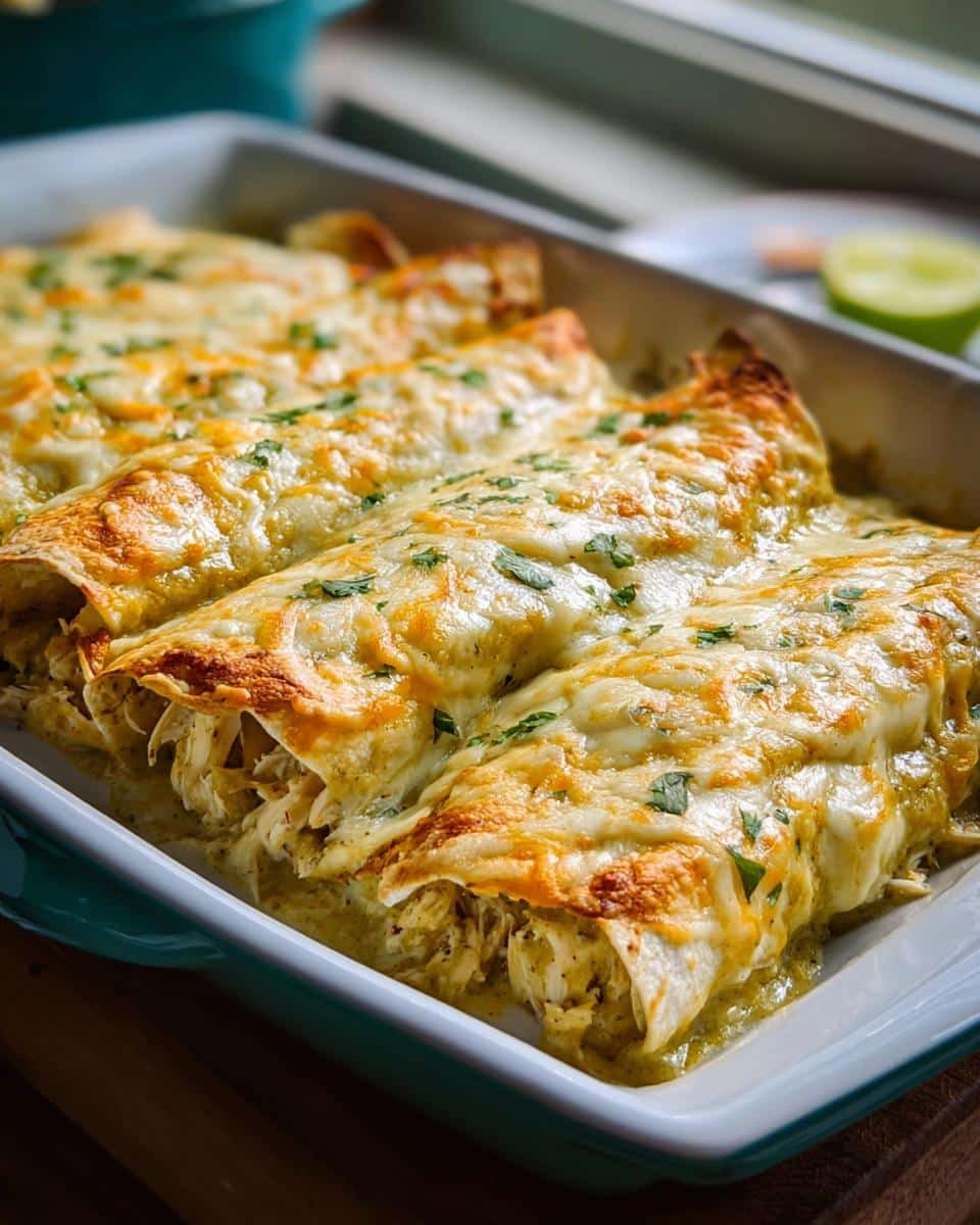 Close-up of baked Creamy Green Chile Chicken Enchiladas covered in melted, bubbly cheese and cilantro.