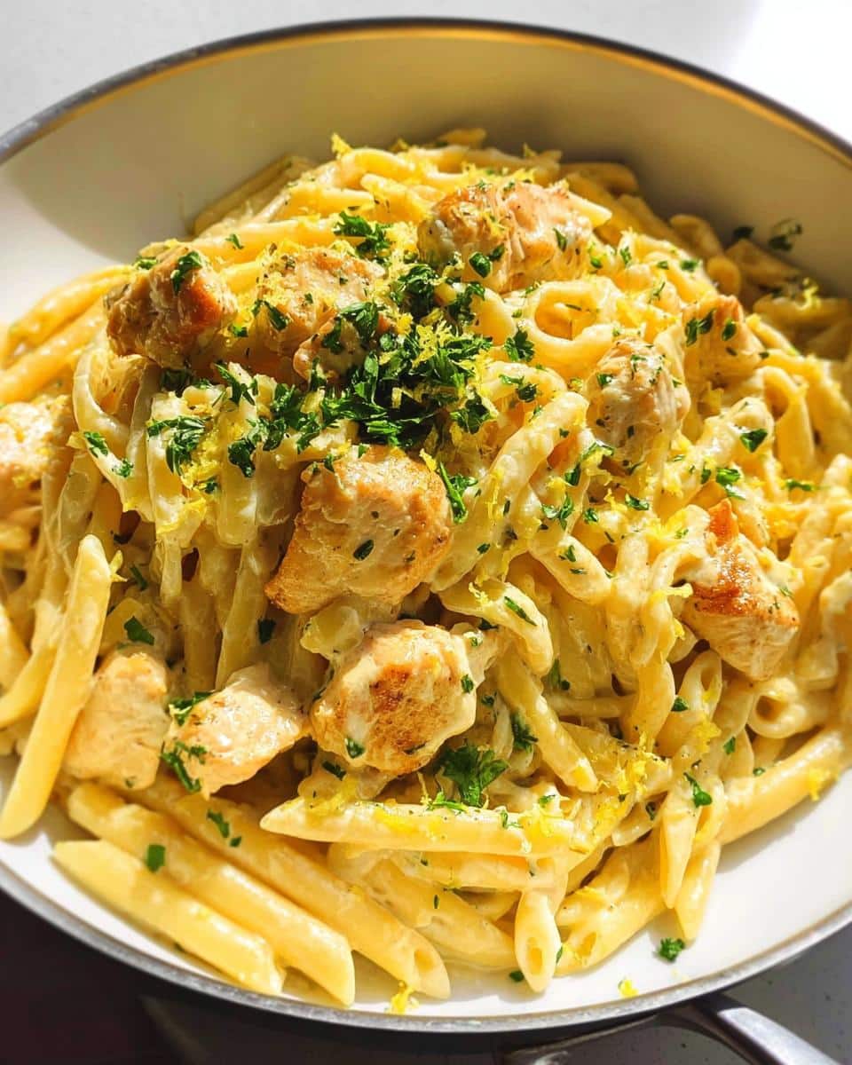 Close-up of a bowl filled with Creamy Lemon Chicken Pasta, topped with chicken pieces, fresh parsley, and lemon zest.