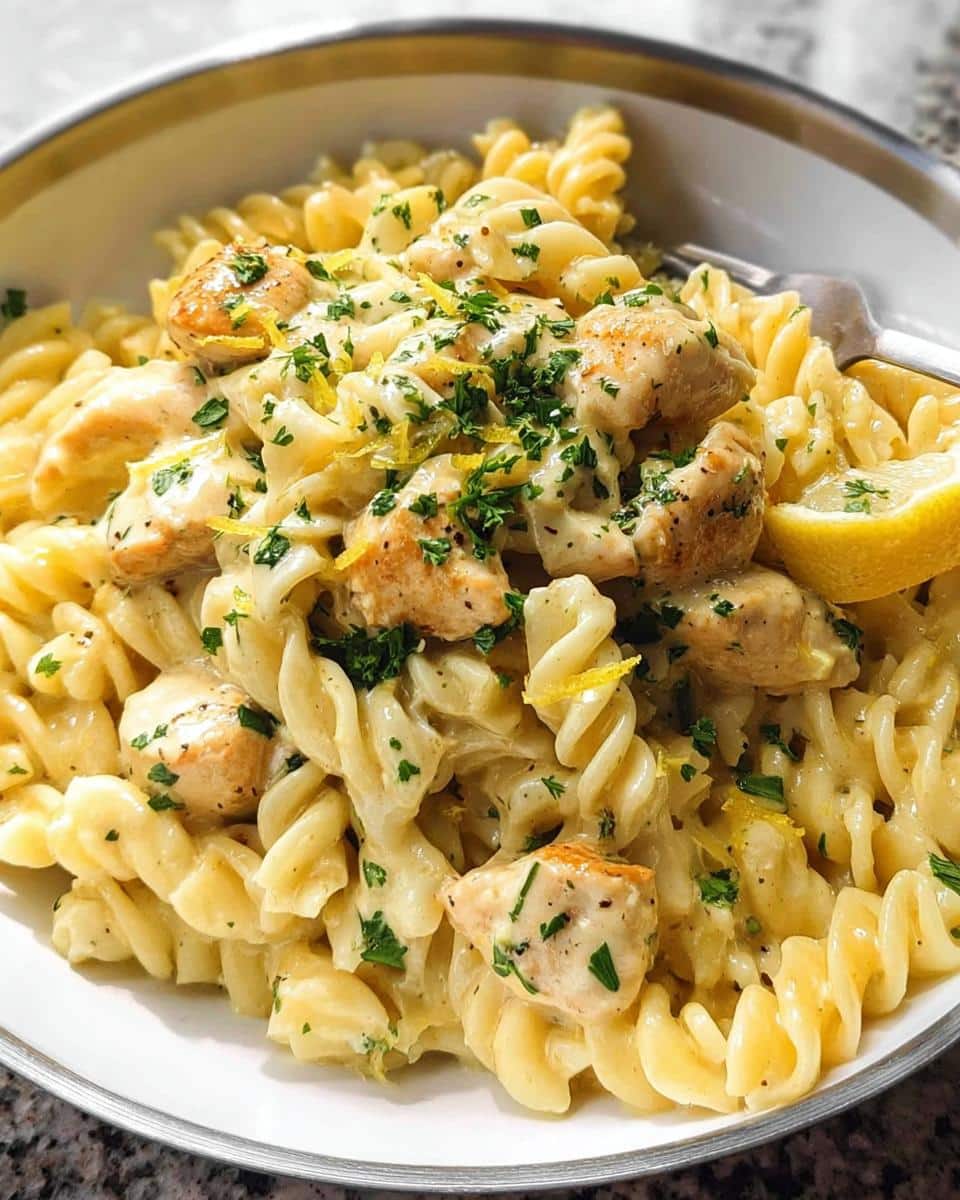 Close-up of a bowl of Creamy Lemon Chicken Pasta made with fusilli pasta, topped with chicken pieces, parsley, and lemon zest.