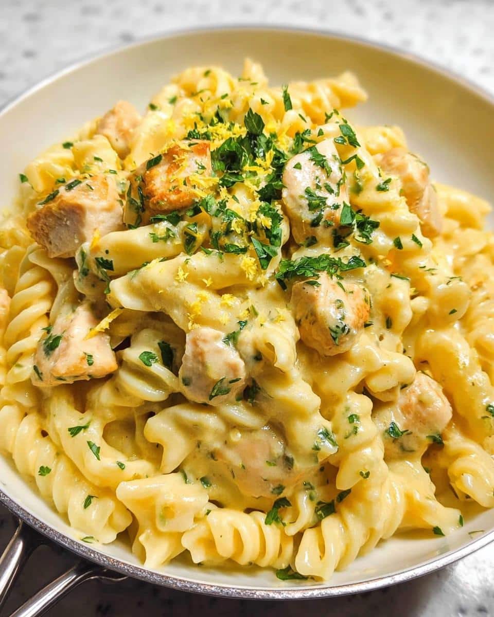 A close-up bowl of Creamy Lemon Chicken Pasta featuring fusilli pasta, diced chicken, and topped with parsley and lemon zest.