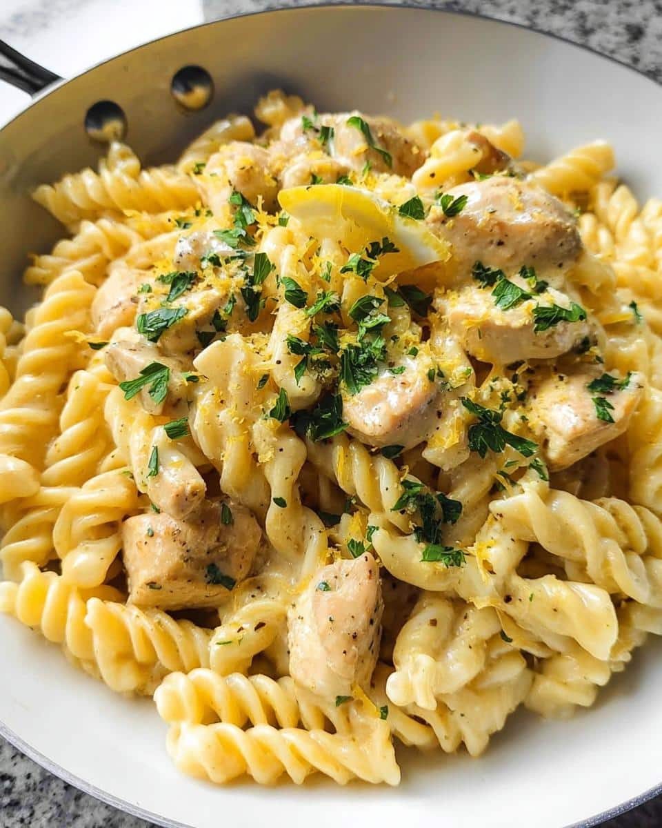 A close-up view of rich Creamy Lemon Chicken Pasta made with fusilli, topped with fresh parsley and lemon zest.