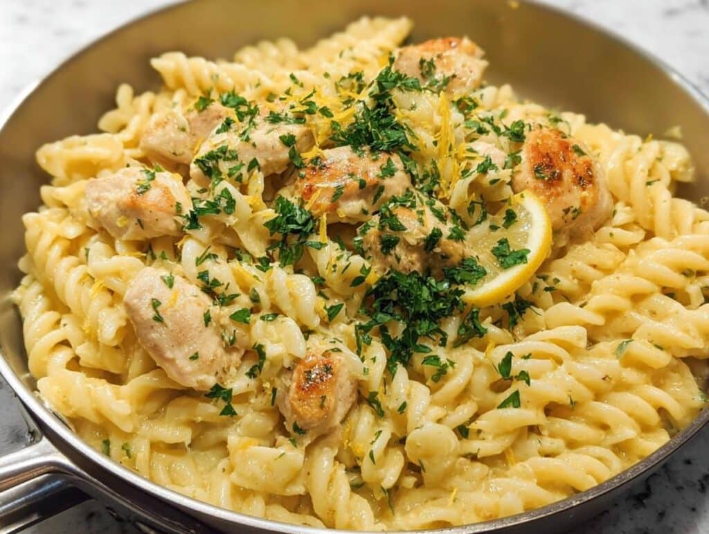 Close-up of creamy lemon chicken pasta made with fusilli, topped with parsley and a lemon slice.