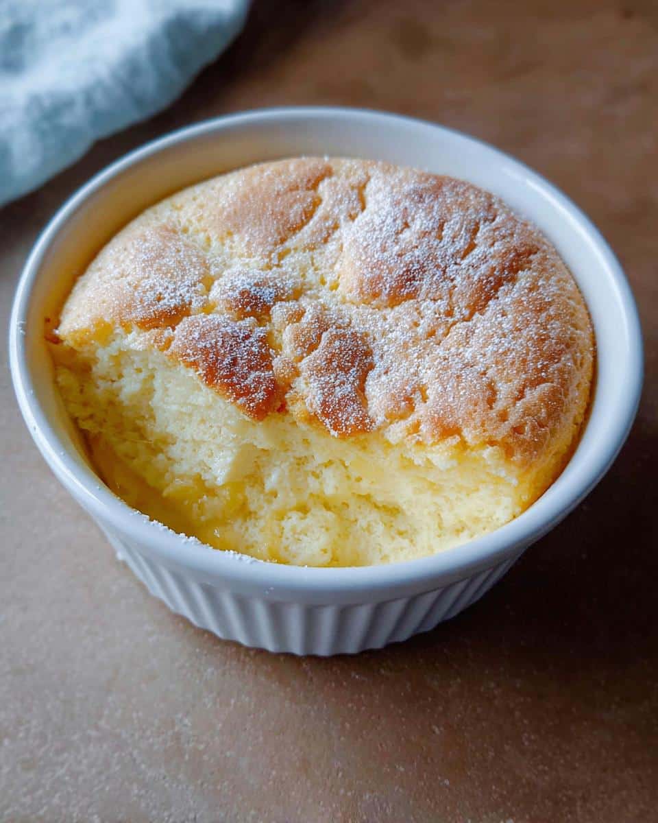 A close-up of a light, fluffy Creamy Lemon Thermomix Pudding dusted with powdered sugar in a white ramekin.