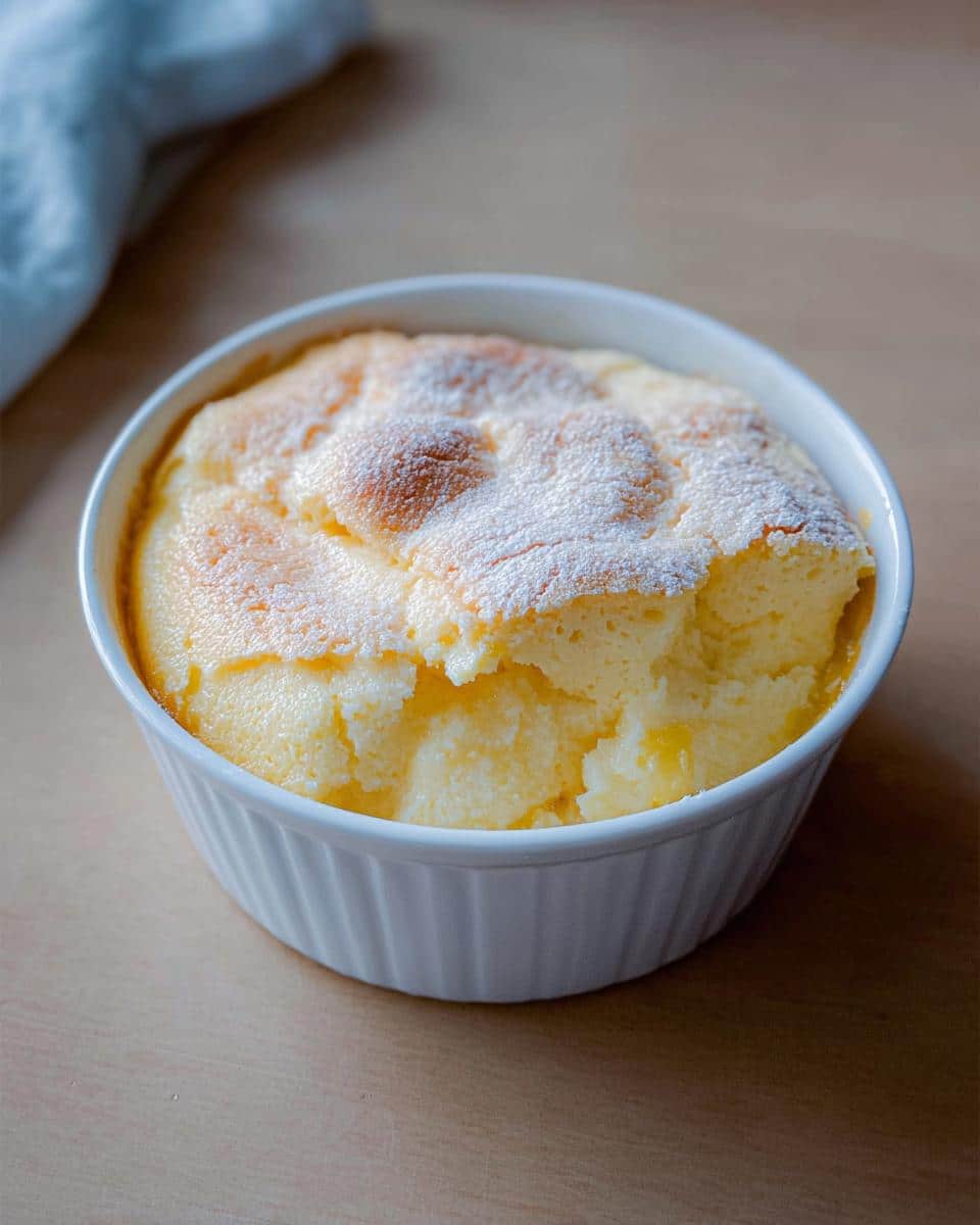 A close-up of a light, fluffy Creamy Lemon Thermomix Pudding dusted with powdered sugar in a white ramekin.