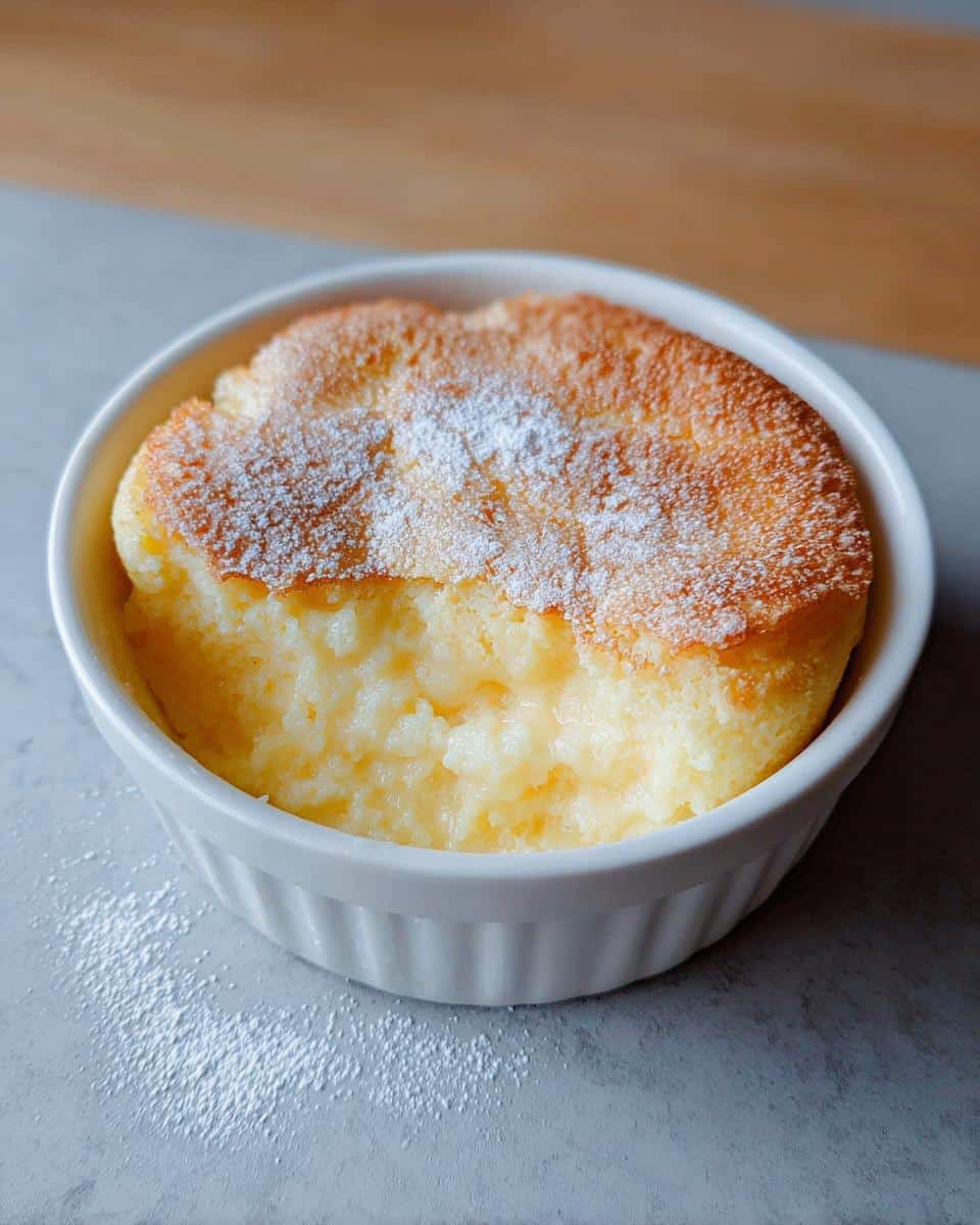 A fluffy, baked Creamy Lemon Thermomix Pudding served in a white ramekin, dusted with powdered sugar.