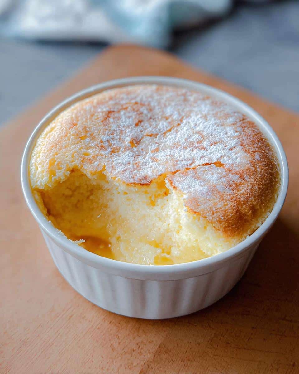 A freshly baked, golden-topped Creamy Lemon Thermomix Pudding in a white ramekin with a spoonful removed.