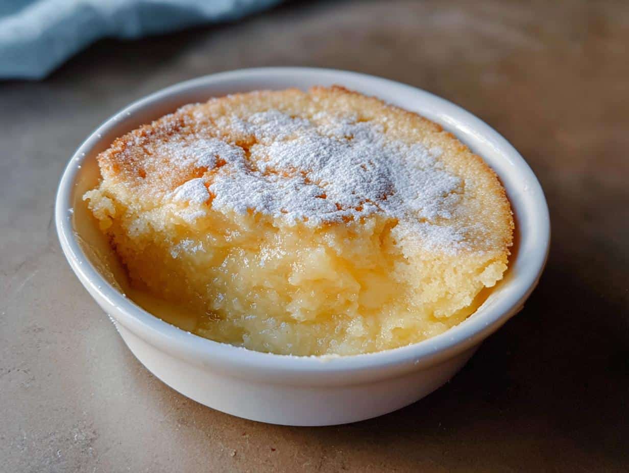 A close-up of a single serving of Creamy Lemon Thermomix Pudding in a white ramekin, dusted with powdered sugar.