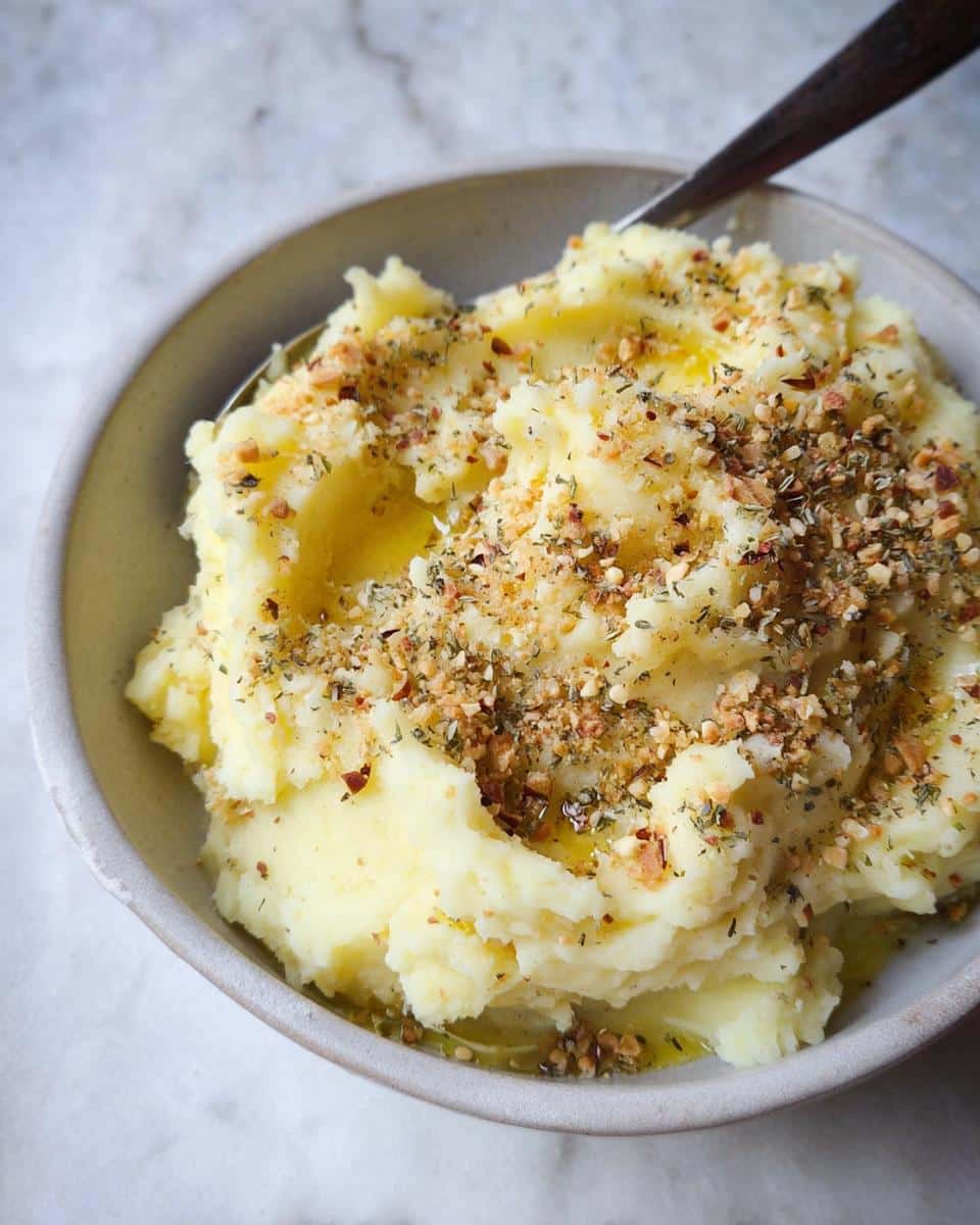 A bowl of fluffy Creamy Mashed Potatoes with Butter & Garlic, topped with herbs and toasted crumbs.