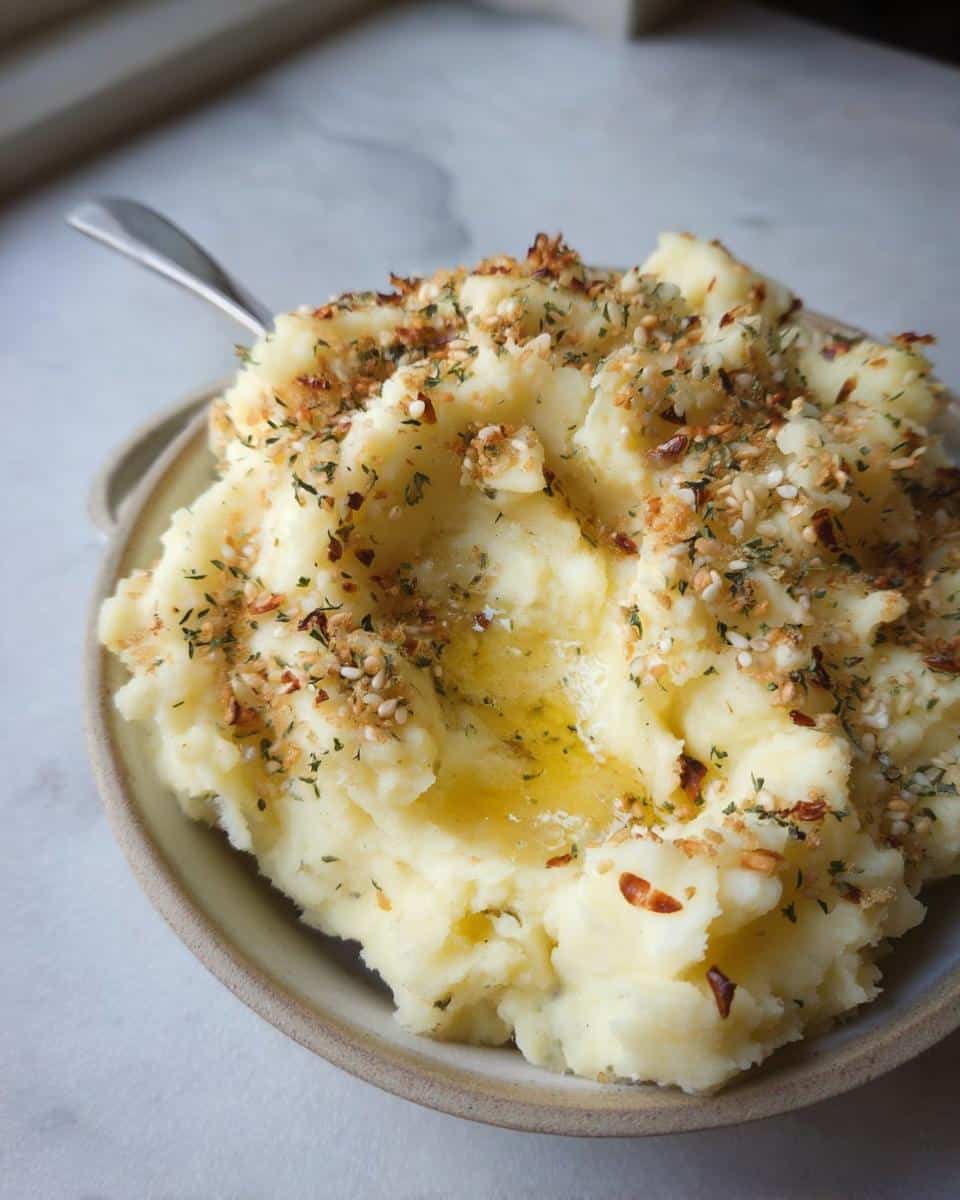 A close-up of fluffy Creamy Mashed Potatoes with Butter & Garlic, topped with melted butter and crunchy garlic-herb breadcrumbs.