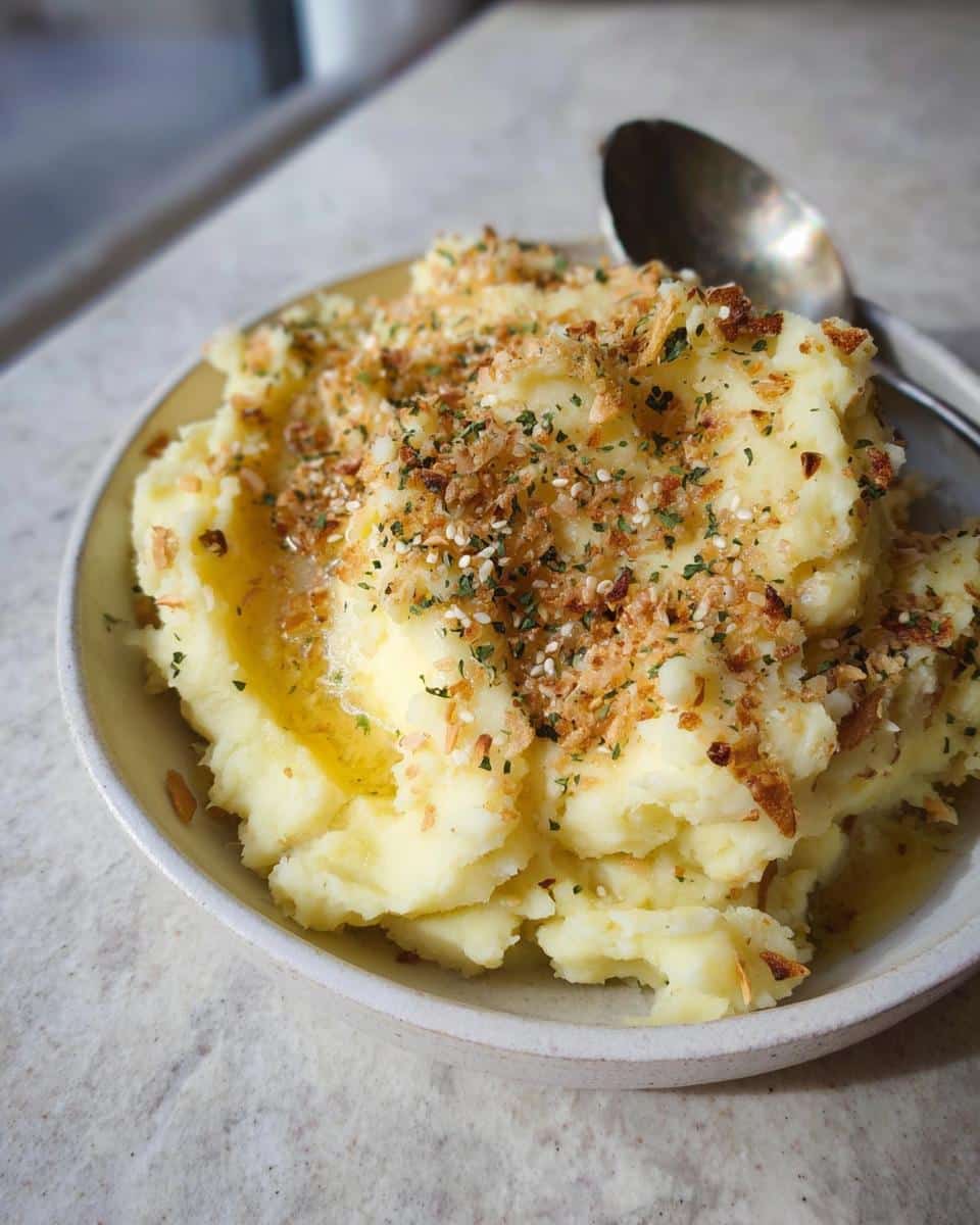 A bowl of fluffy Creamy Mashed Potatoes with Butter & Garlic, topped with toasted breadcrumbs and herbs.