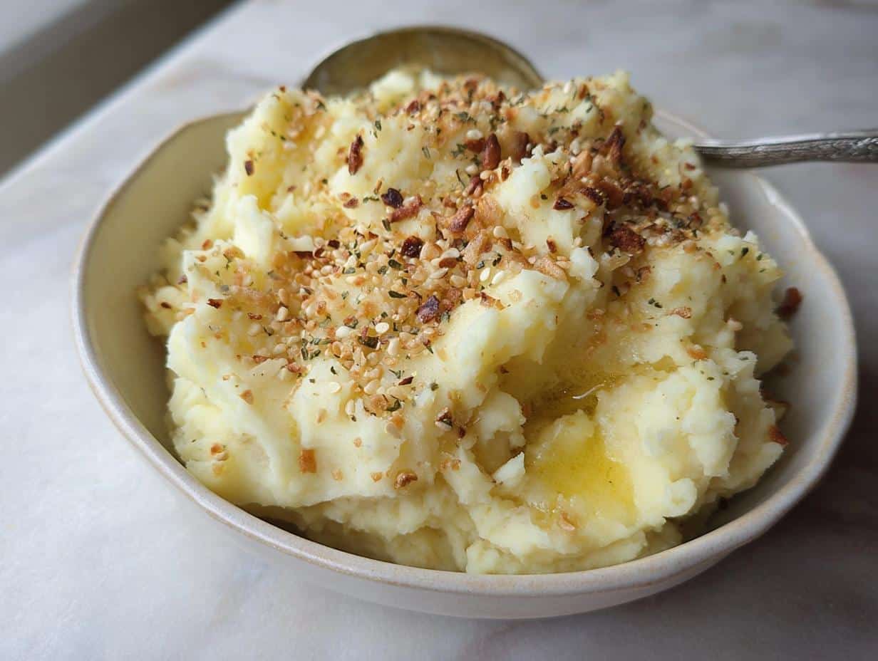 A bowl of fluffy Creamy Mashed Potatoes with Butter & Garlic, topped with toasted garlic bits and herbs.