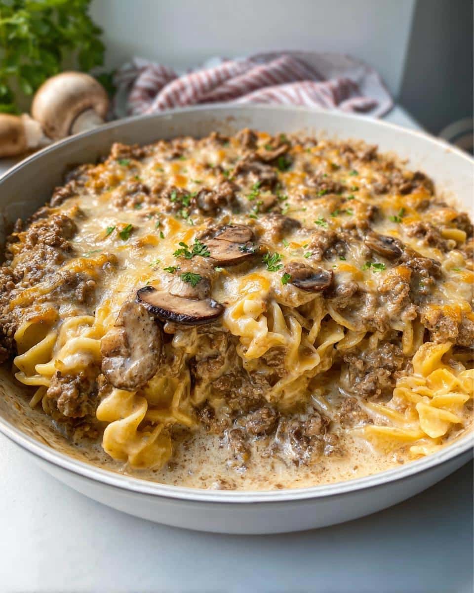 A close-up of a baked Creamy Mushroom Ground Beef Casserole topped with melted cheese and sliced mushrooms.