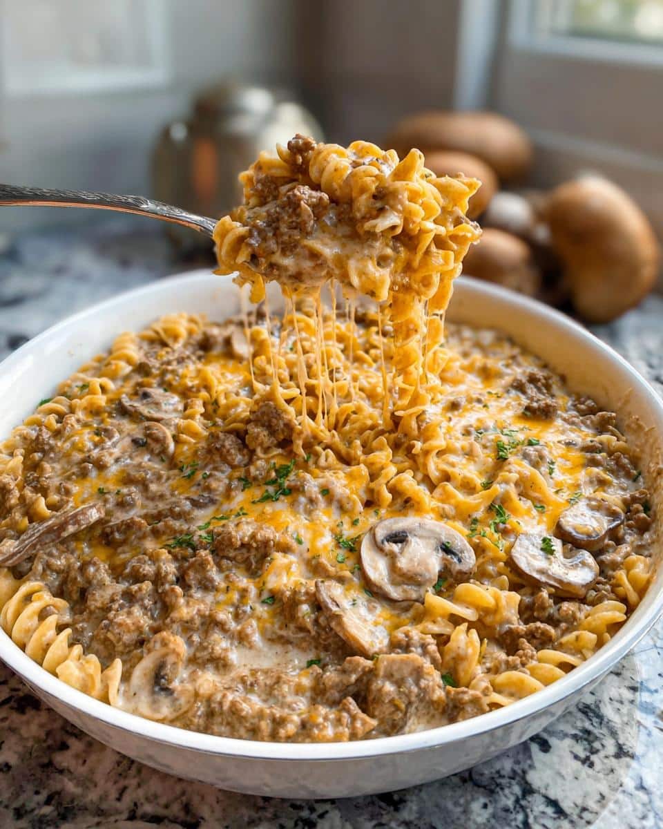 A spoonful of Creamy Mushroom Ground Beef Casserole showing extreme cheese pull over the main dish.