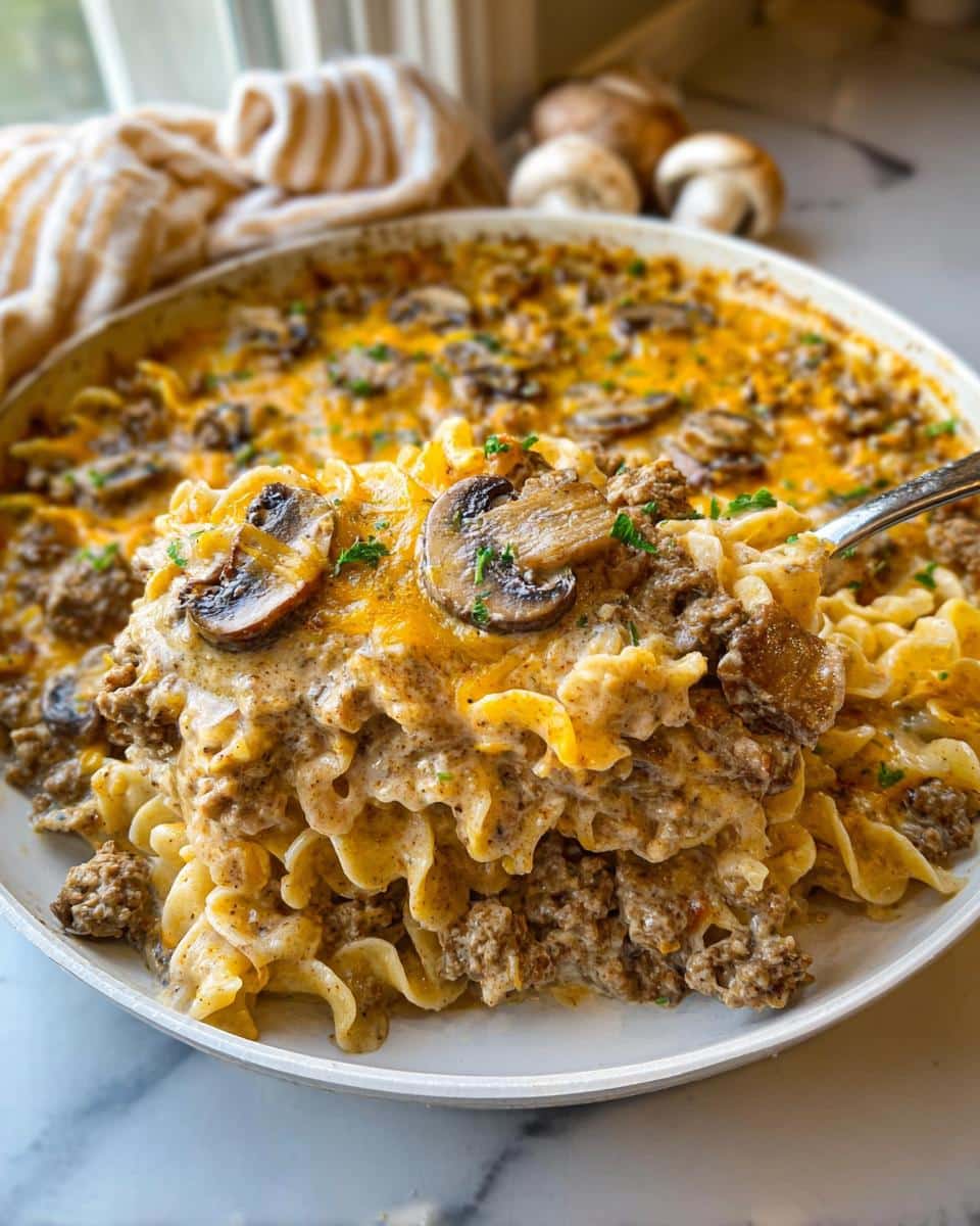 A spoonful of Creamy Mushroom Ground Beef Casserole being lifted from a white dish, showing cheesy sauce, ground beef, and mushrooms.