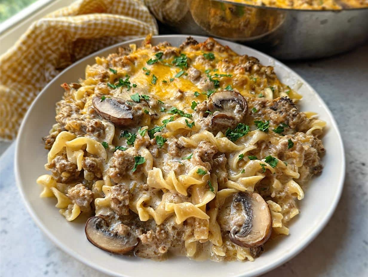 A close-up of a serving of Creamy Mushroom Ground Beef Casserole with egg noodles, ground beef, and melted cheese.