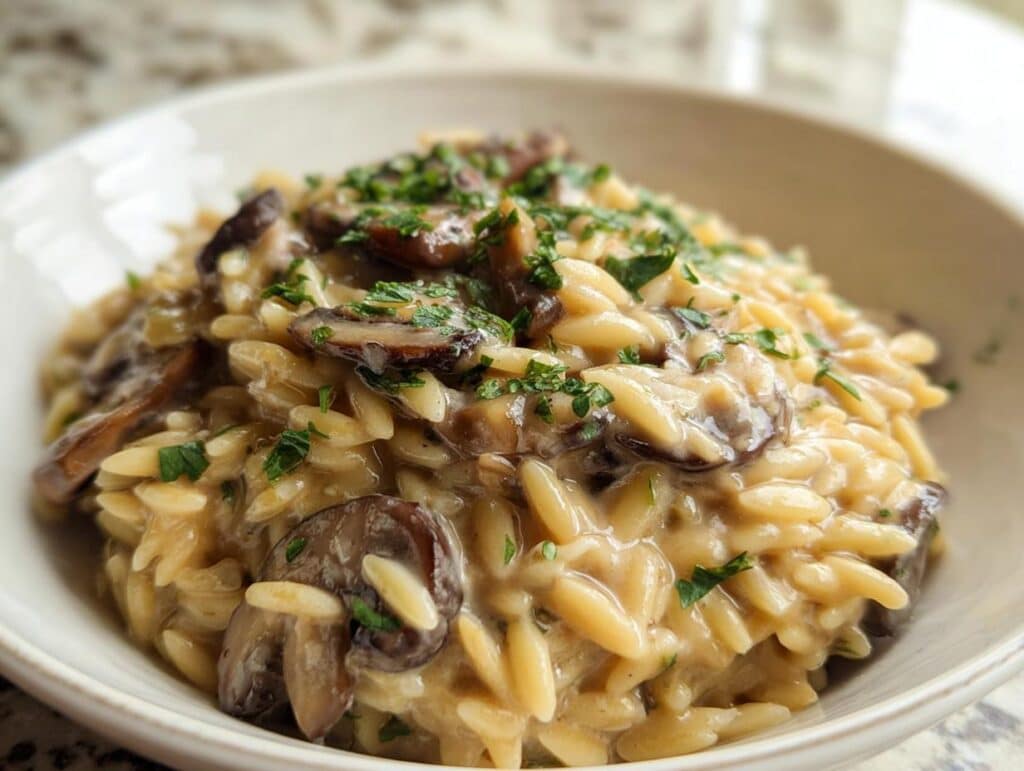 A close-up serving of rich, creamy mushroom orzo pasta topped with fresh parsley.