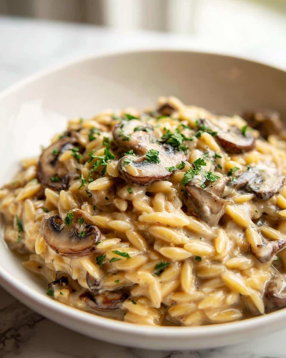 A close-up shot of rich, creamy mushroom orzo pasta topped with sliced mushrooms and fresh parsley.