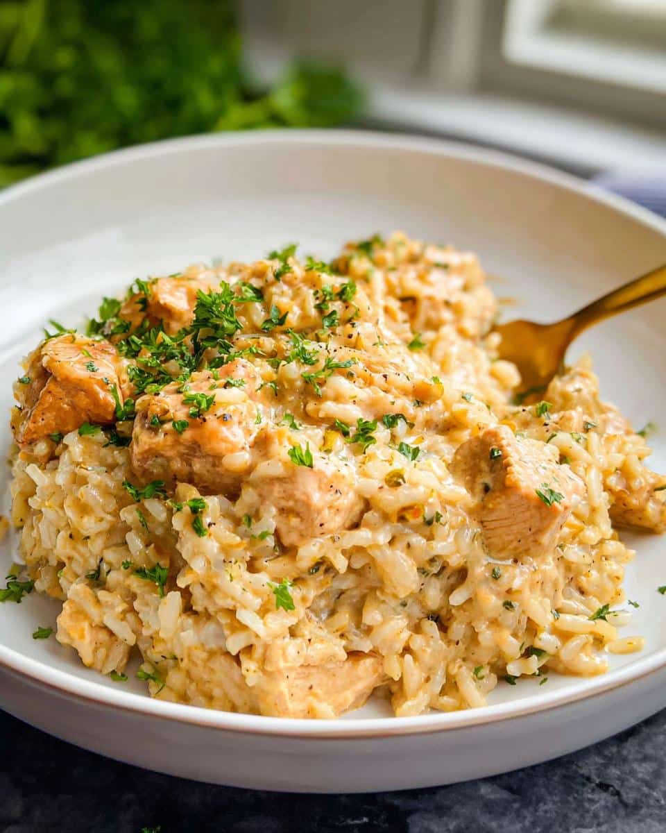Close-up of a white bowl filled with Creamy One-Pot Chicken and Rice, garnished with parsley.