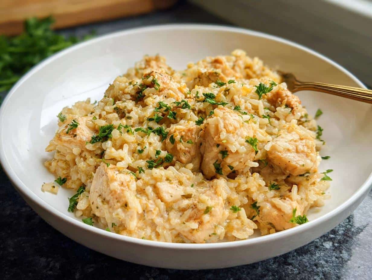 A close-up of a white bowl filled with creamy one-pot chicken and rice, garnished with fresh parsley.