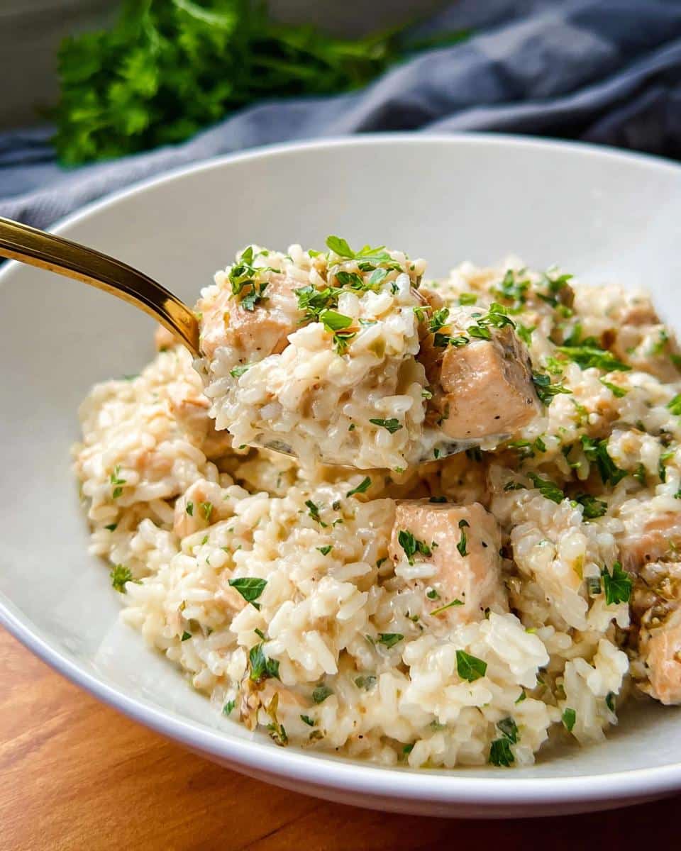 A spoonful of creamy one-pot chicken and rice topped with fresh parsley being lifted from a white bowl.
