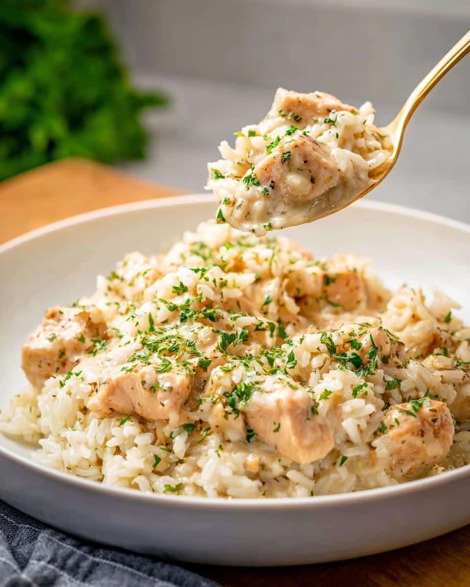 A spoonful of Creamy One-Pot Chicken and Rice being lifted from a white bowl, garnished with parsley.