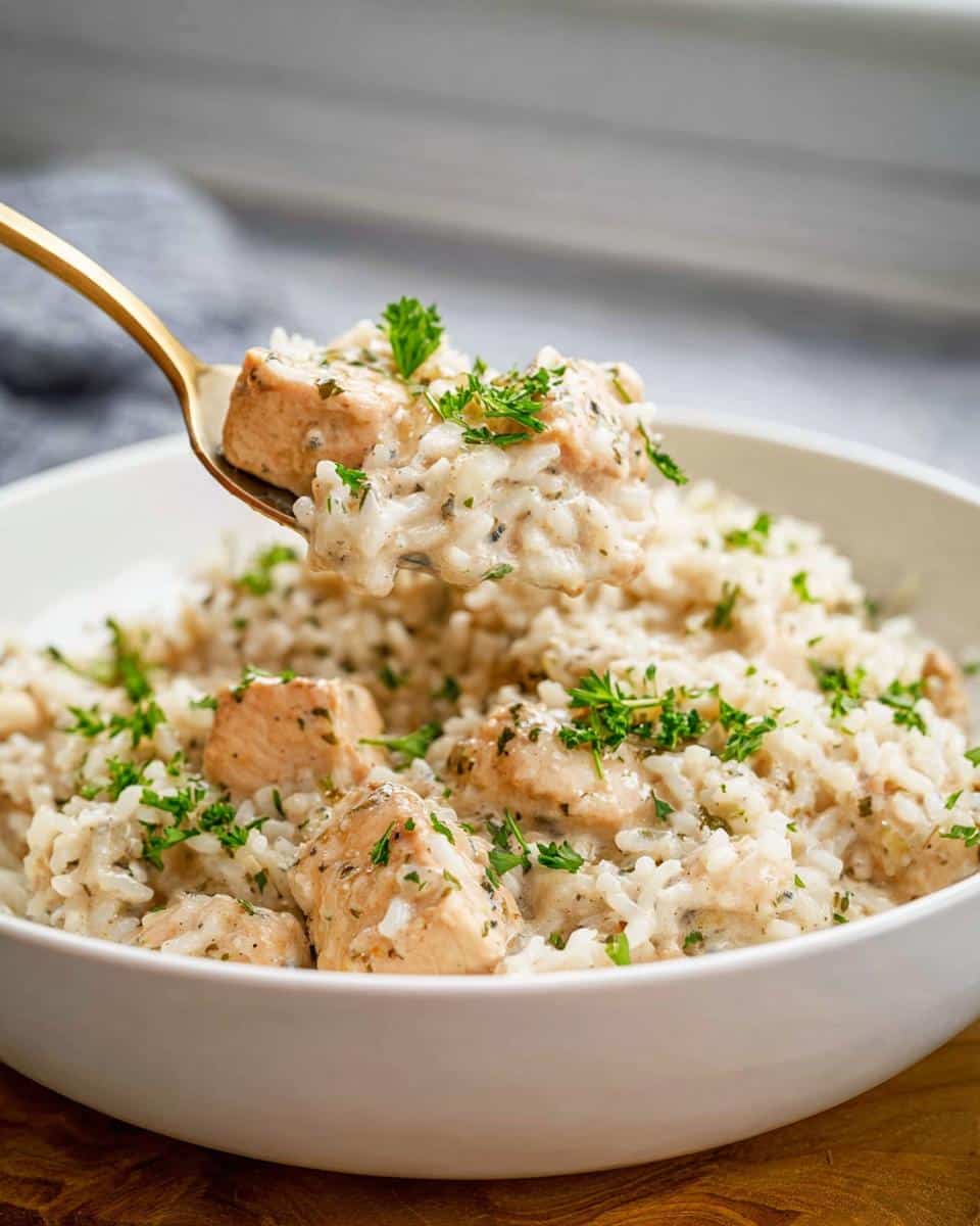 A spoonful of creamy one-pot chicken and rice, topped with fresh parsley, being lifted from a white bowl.