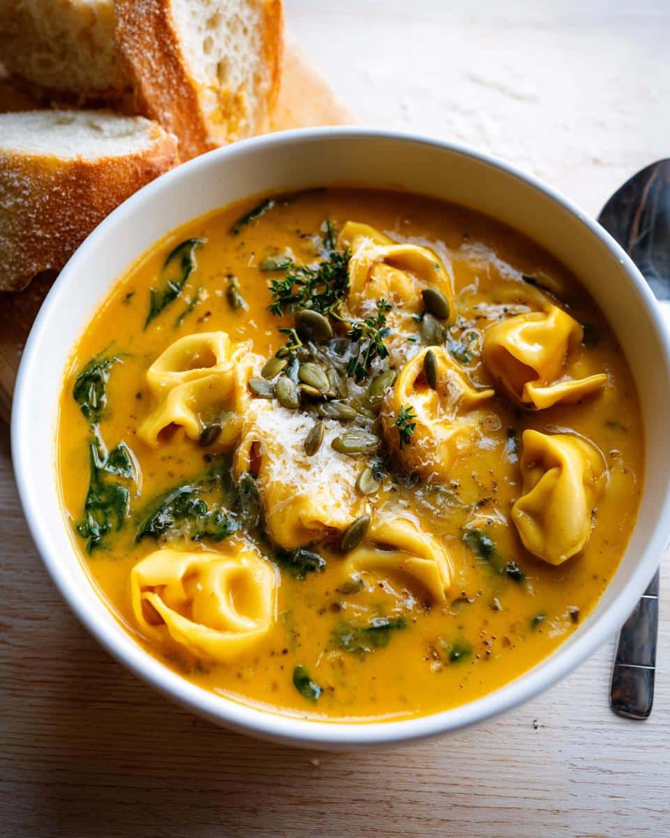 Close-up of a bowl of Creamy Pumpkin Tortellini Fall Soup topped with pumpkin seeds and thyme.