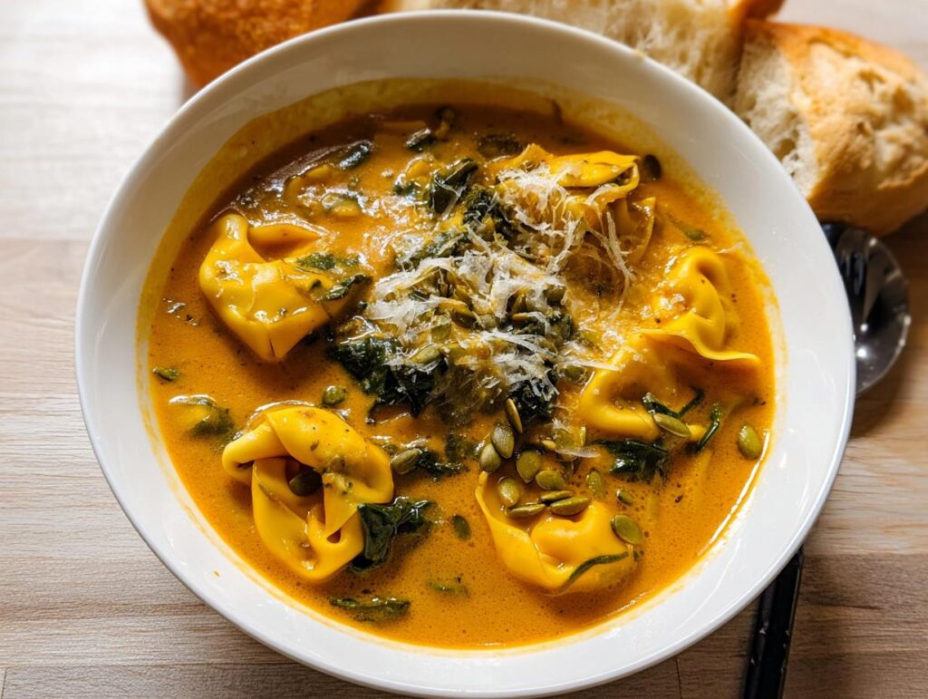 A close-up of a bowl of Creamy Pumpkin Tortellini Fall Soup, topped with kale, pumpkin seeds, and grated cheese.