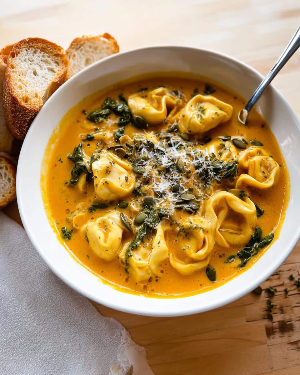 A white bowl filled with rich, orange Creamy Pumpkin Tortellini Fall Soup, topped with spinach, parmesan, and pumpkin seeds.