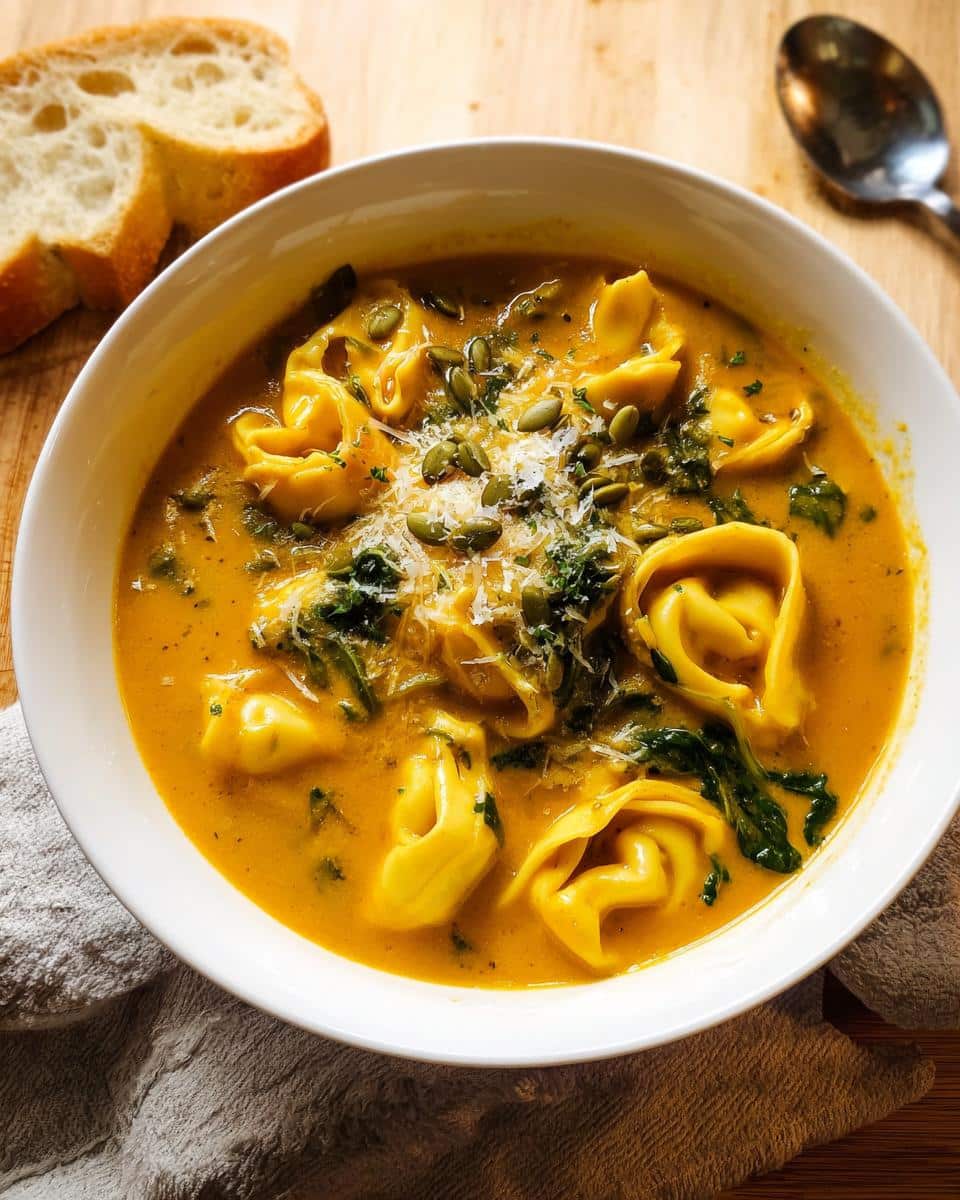 A white bowl filled with rich, orange Creamy Pumpkin Tortellini Fall Soup, topped with pumpkin seeds and Parmesan.