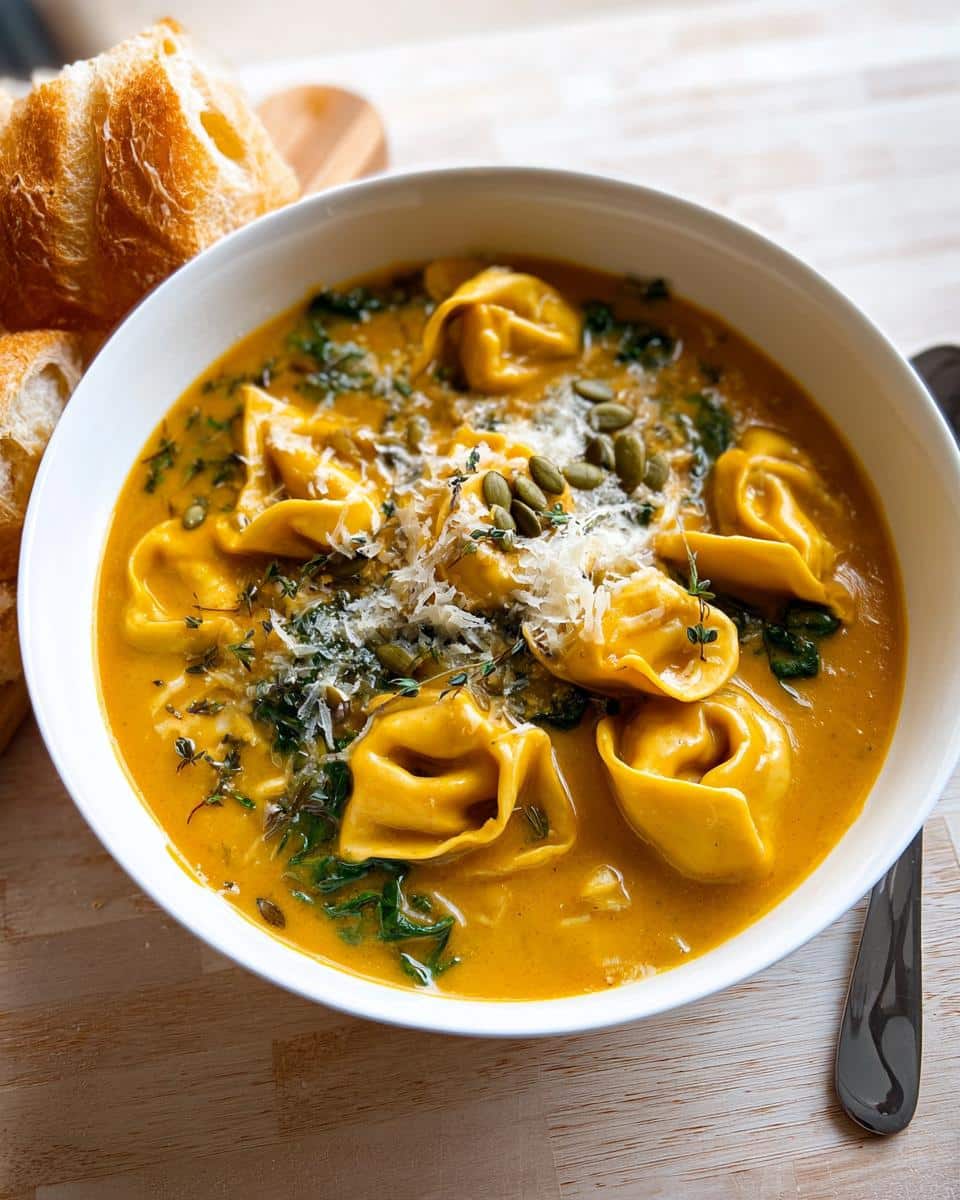 A white bowl filled with Creamy Pumpkin Tortellini Fall Soup, topped with Parmesan and pumpkin seeds.