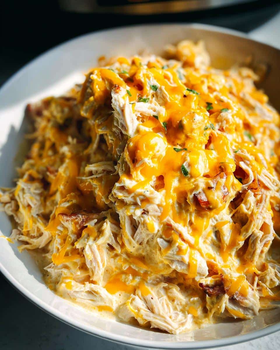 Close-up of shredded chicken coated in a creamy sauce and topped with melted cheddar cheese, representing Creamy Ranch Crack Chicken.