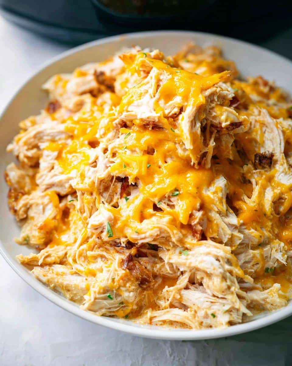 A close-up of shredded chicken topped with melted cheddar cheese, representing Creamy Ranch Crack Chicken.