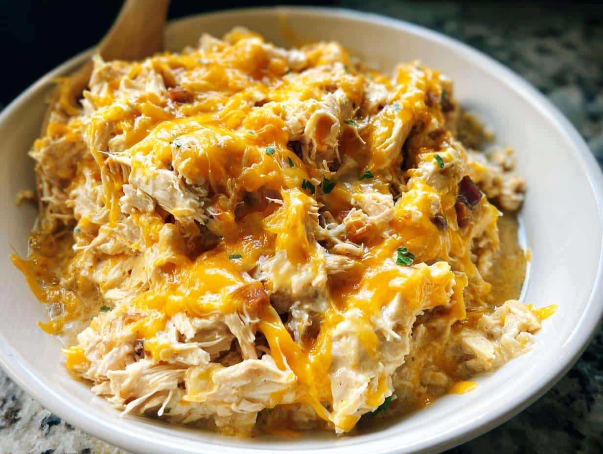 Close-up of shredded chicken mixed with creamy sauce and topped with melted cheddar cheese, representing Creamy Ranch Crack Chicken.