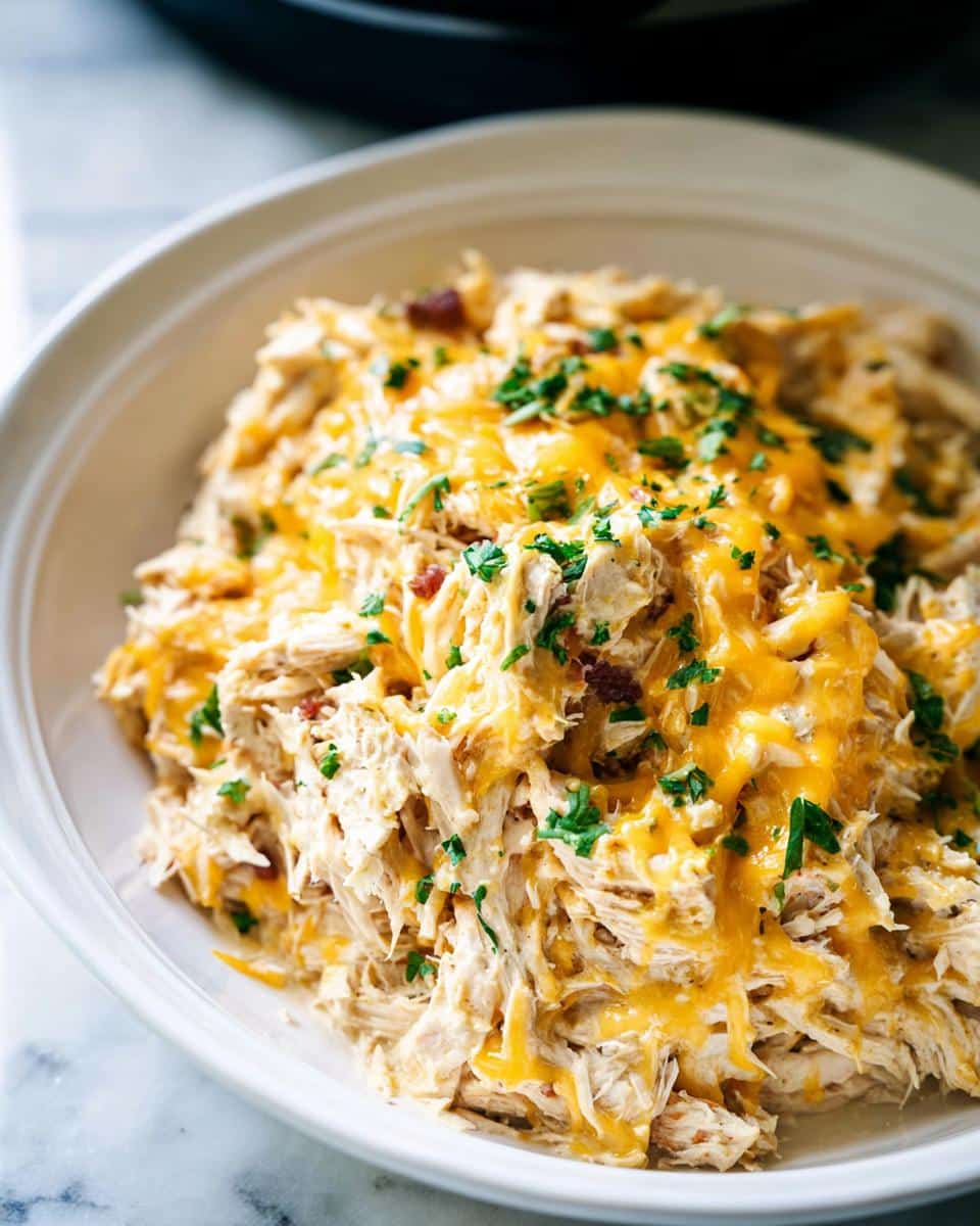 Close-up of shredded chicken topped with melted cheddar cheese and parsley, representing Creamy Ranch Crack Chicken.