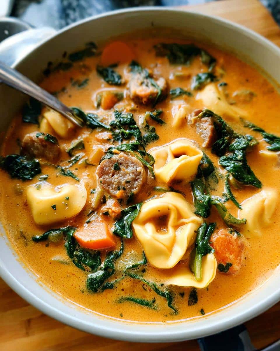 Close-up of a bowl of Creamy Sausage Tortellini Autumn Soup with sausage slices, tortellini, and spinach in a rich broth.