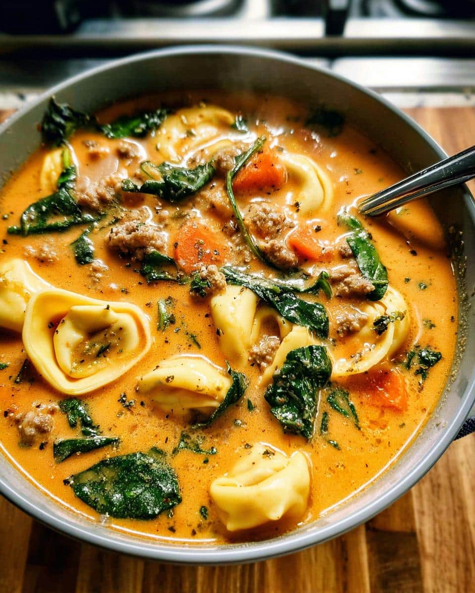 Close-up of a steaming bowl of Creamy Sausage Tortellini Autumn Soup with spinach and carrots.