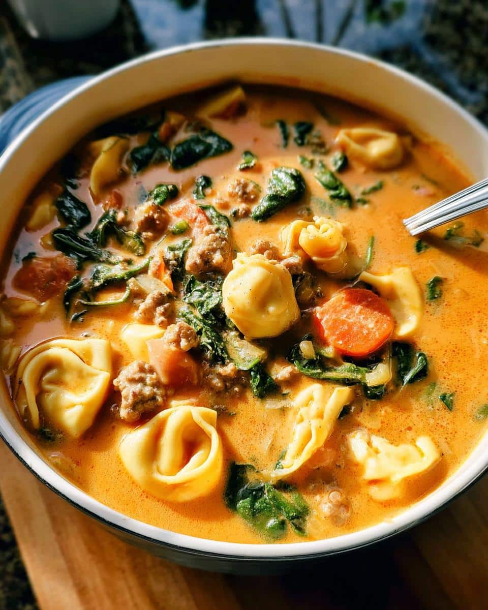 Close-up of a hearty bowl of Creamy Sausage Tortellini Autumn Soup with spinach and carrots.