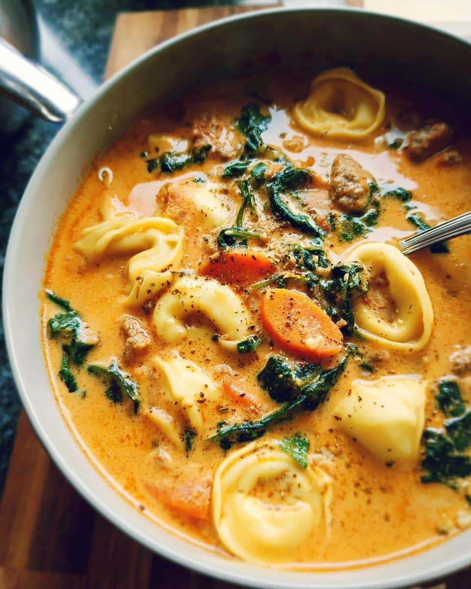 Close-up of a bowl filled with Creamy Sausage Tortellini Autumn Soup featuring tortellini, spinach, and sliced carrots in a rich broth.