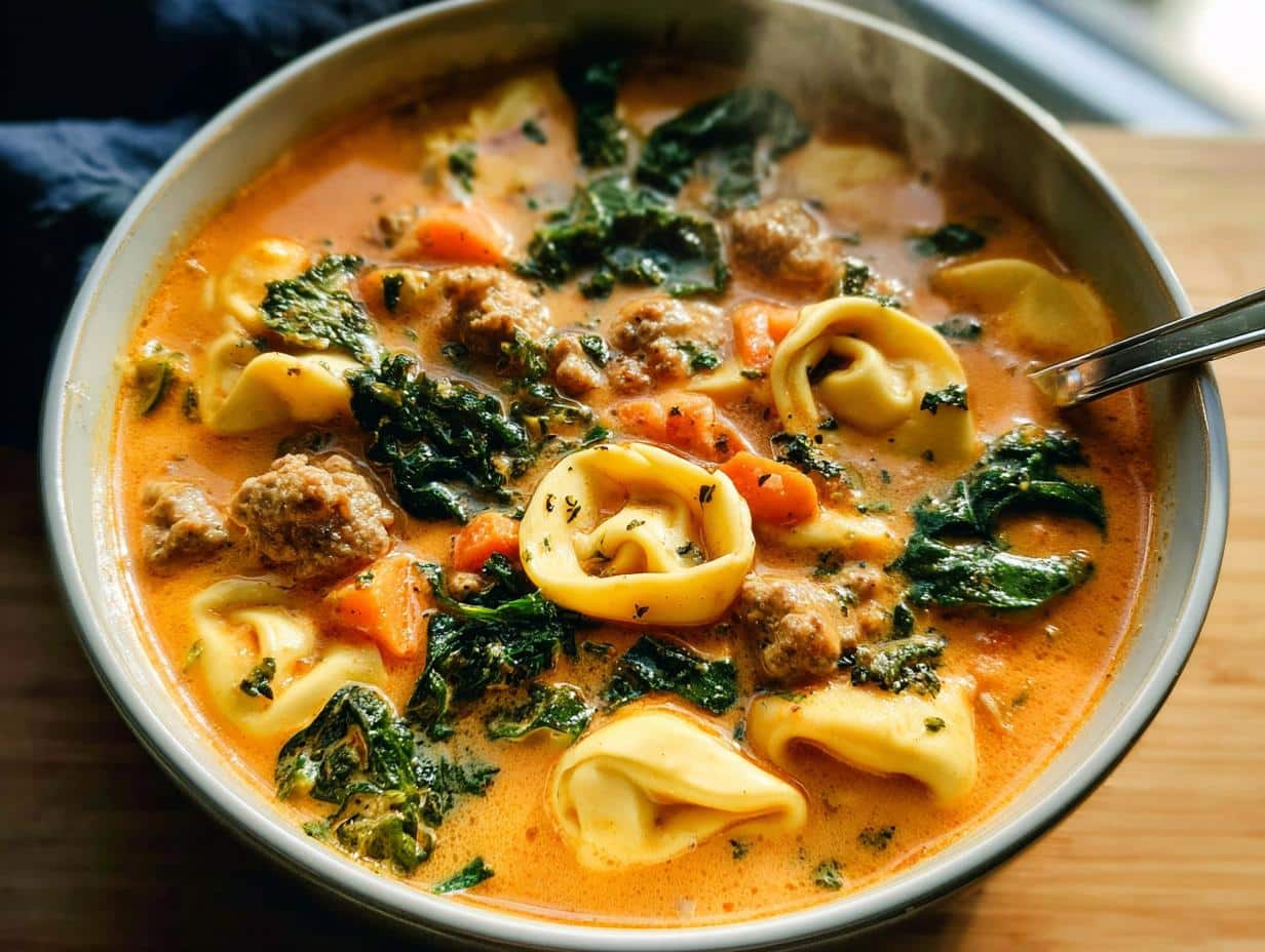 Close-up of a steaming bowl of Creamy Sausage Tortellini Autumn Soup with sausage, kale, and carrots in a rich broth.