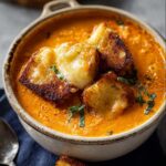 Close-up of creamy tomato soup topped with melted grilled cheese croutons and fresh basil.