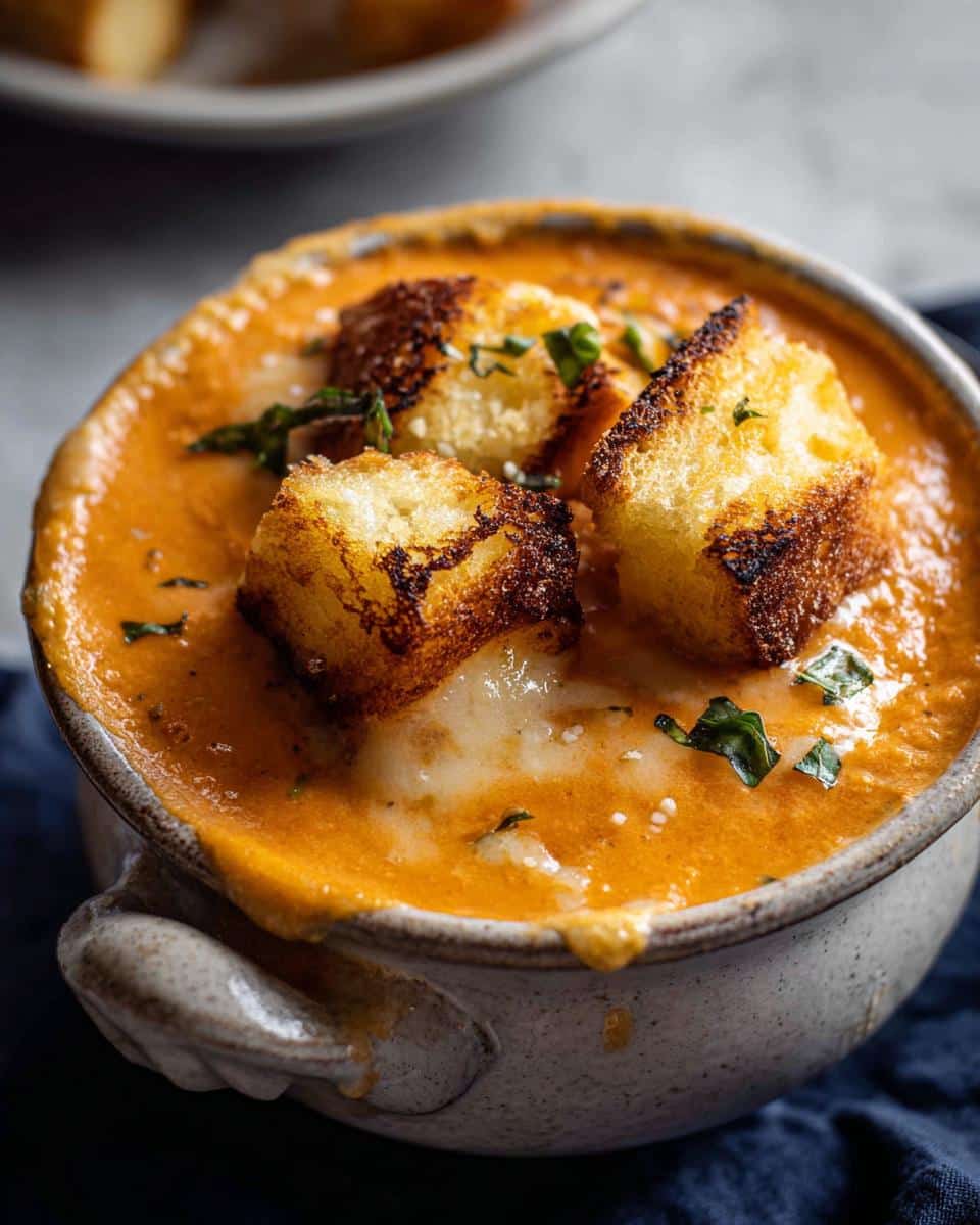 A rustic bowl filled with rich Creamy Tomato Soup topped with golden Grilled Cheese Croutons and melted cheese.
