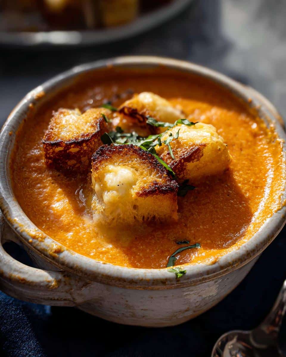 Close-up of a bowl of rich Creamy Tomato Soup topped with golden Grilled Cheese Croutons and fresh herbs.