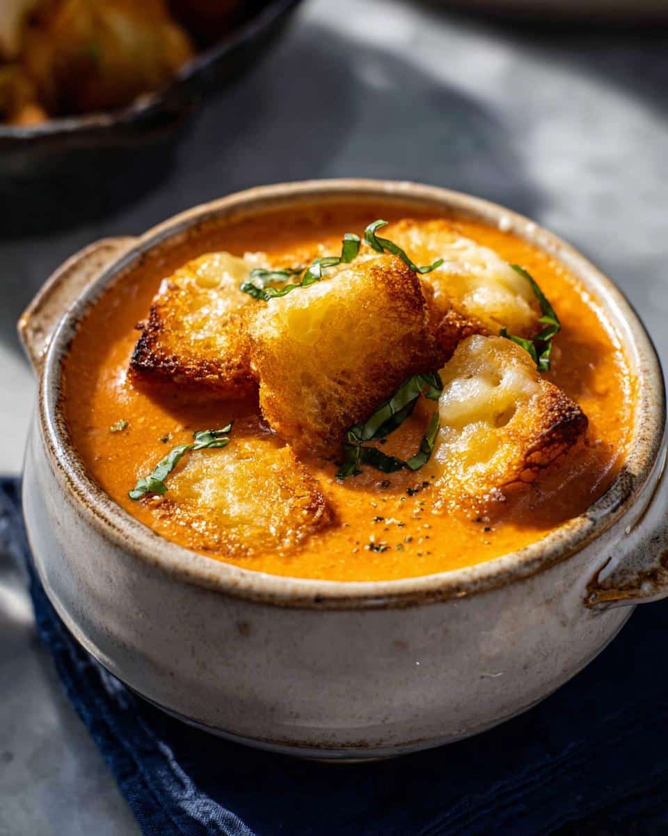 Close-up of a bowl of Creamy Tomato Soup with Grilled Cheese Croutons topped with fresh basil.