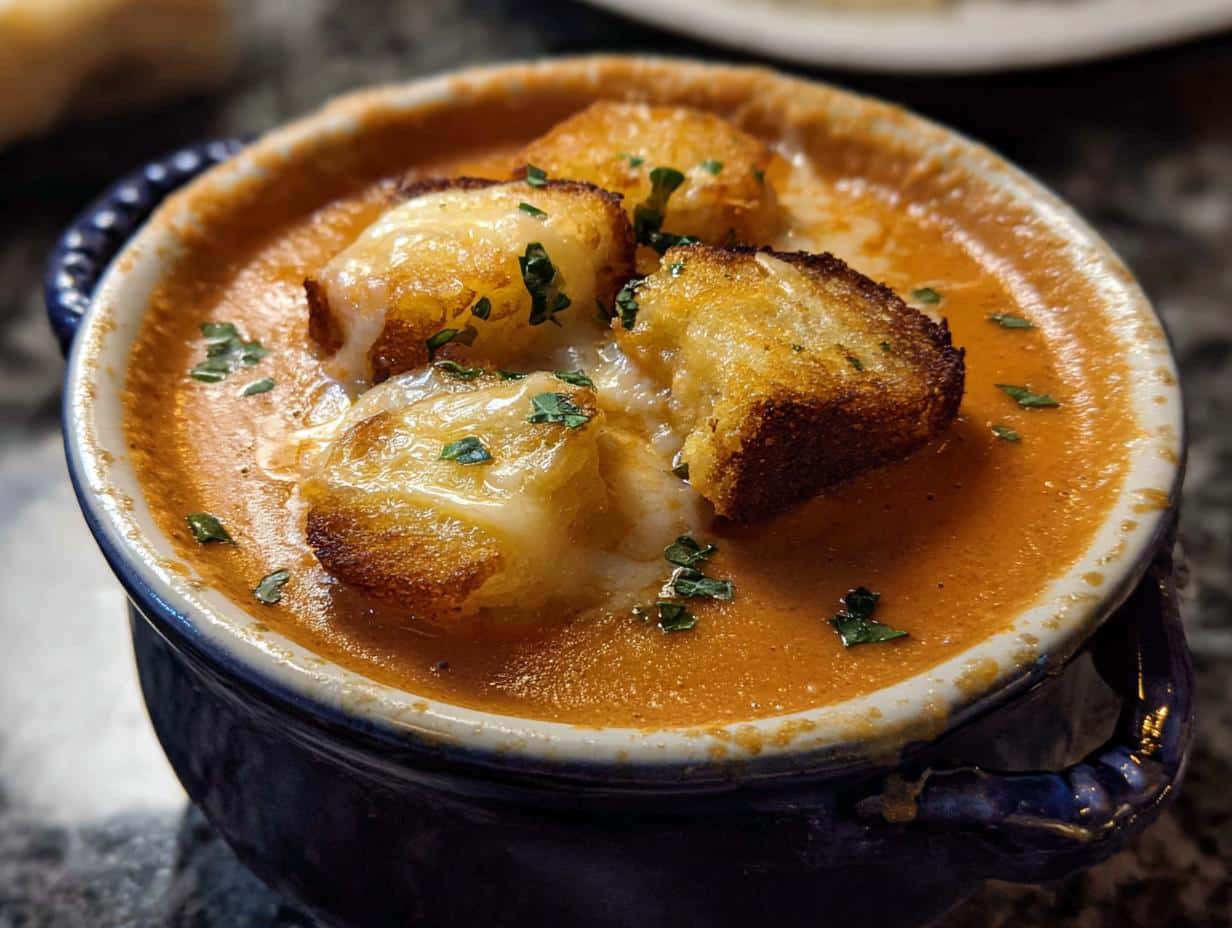 Close-up of a bowl of creamy tomato soup topped with melted cheese and grilled cheese croutons.