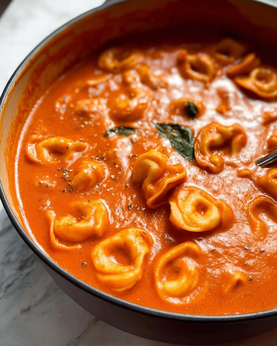 Close-up of tortellini pasta simmering in a rich, creamy Tomato Tortellini Soup, garnished with black pepper.